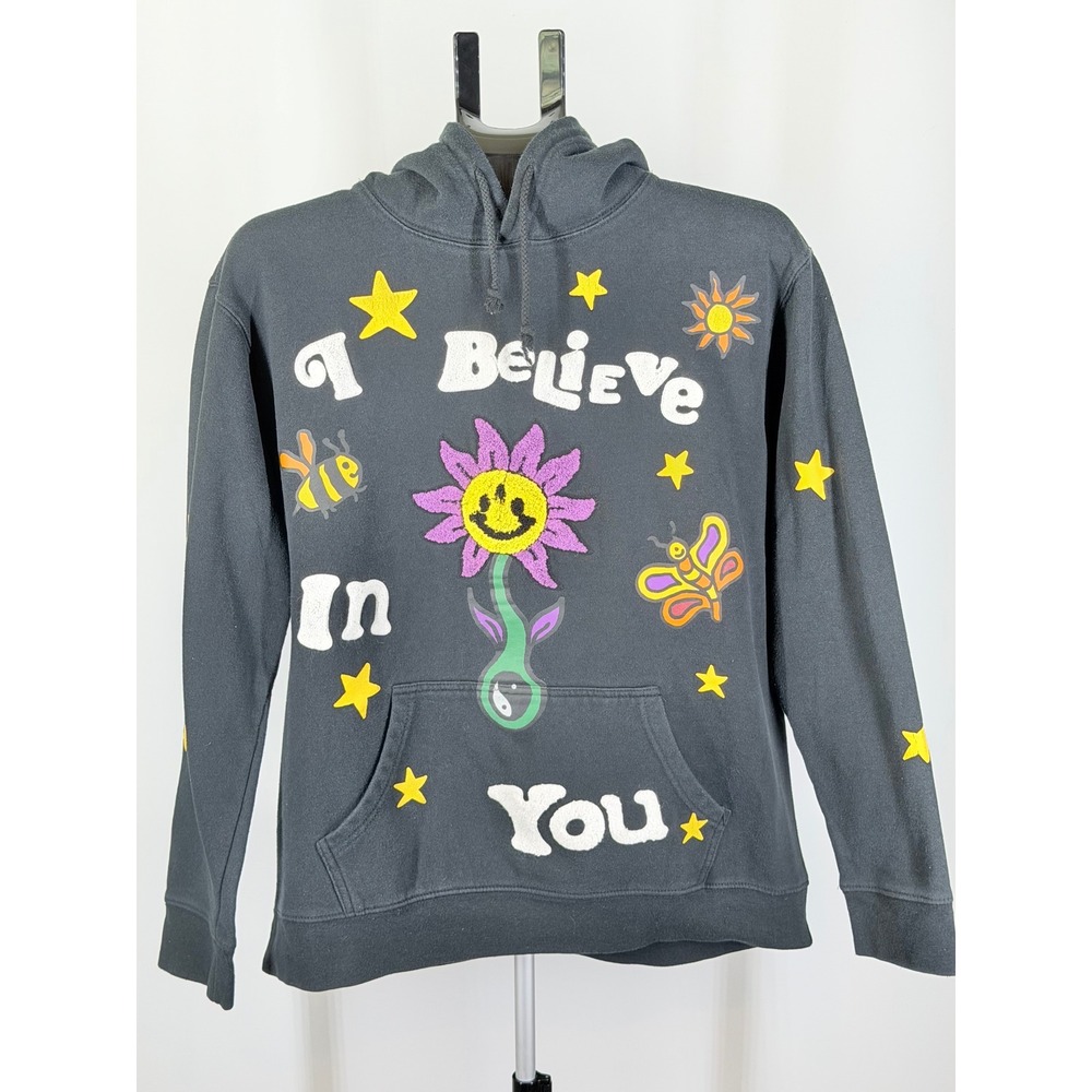 PacSun I Believe In You Graphic Hoodie Black Chenille Patch Sweatshirt Womens M